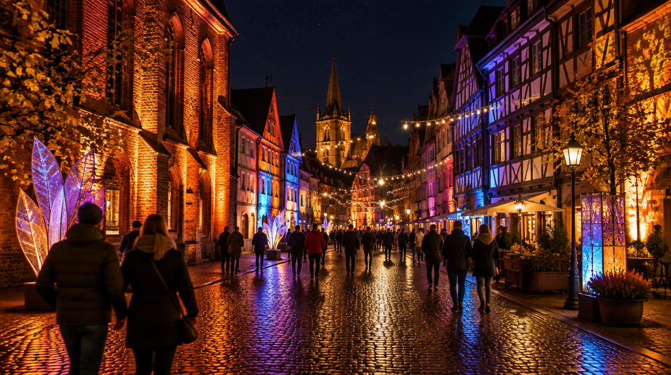 Beleuchtete Altstadtgasse bei Nacht mit Lichtinstallationen und Passanten — mit KI erzeugte Illustration
