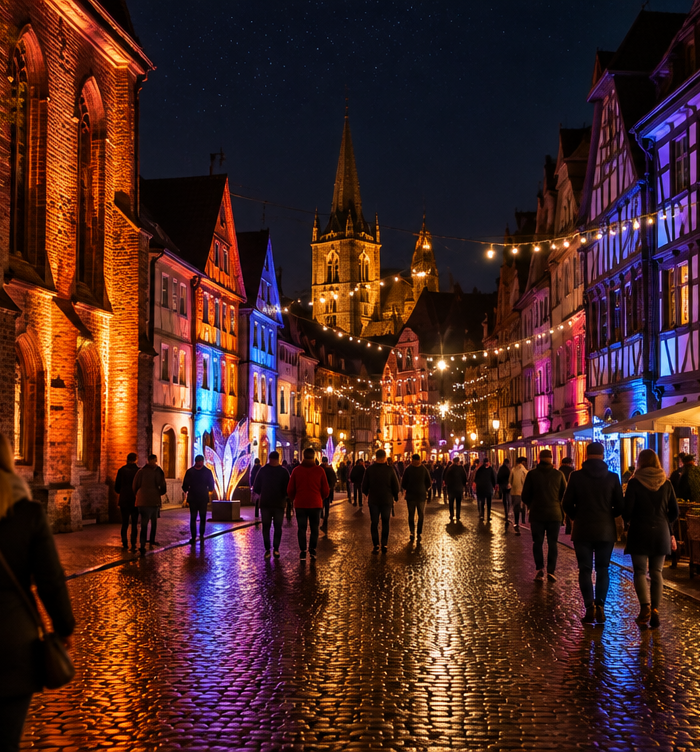 Beleuchtete Altstadtgasse bei Nacht mit Lichtinstallationen und Passanten — mit KI erzeugte Illustration
