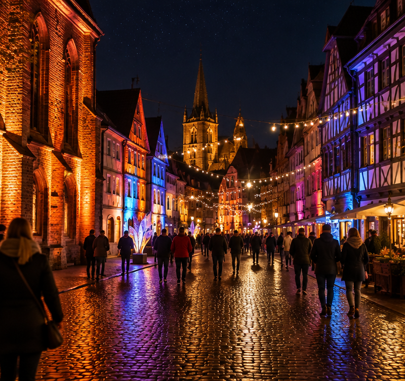 Beleuchtete Altstadtgasse bei Nacht mit Lichtinstallationen und Passanten — mit KI erzeugte Illustration