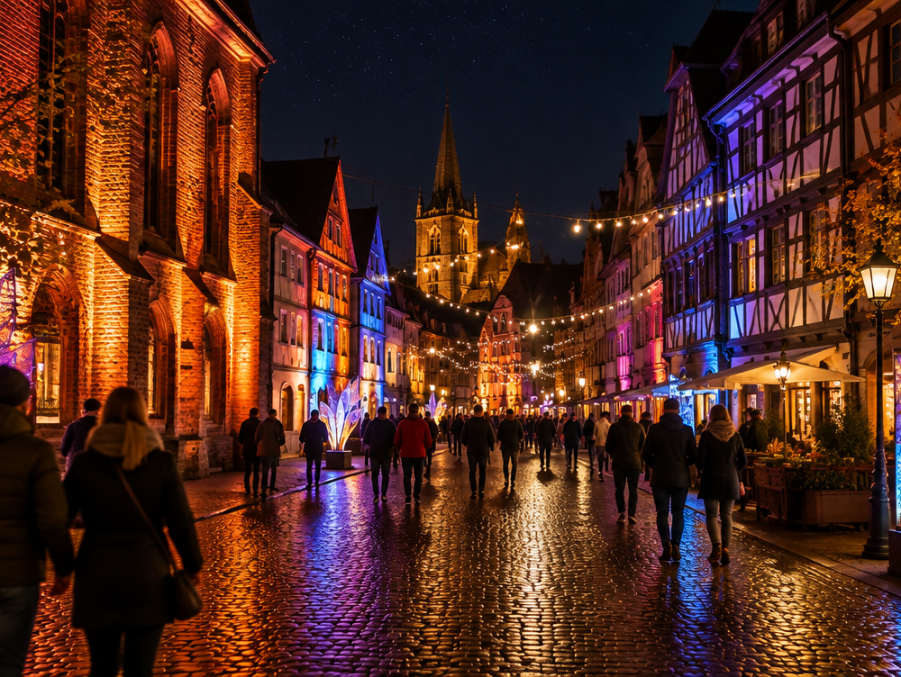 Beleuchtete Altstadtgasse bei Nacht mit Lichtinstallationen und Passanten — mit KI erzeugte Illustration